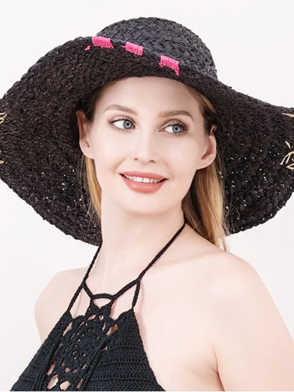 NWT Black Hat Sun raffia 100% paper hand Stitching‎ details OS rancher floppy